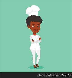 Cheerful chief cook in uniform and hat standing with arms crossed. Young african-american chef cook. Full length of confident female chief cook. Vector flat design illustration. Square layout.. Confident female chief cook with arms crossed.