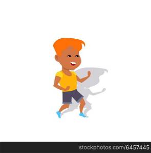 Cheerful Child Character Vector in Flat Design.. Cheerful child character vector. Flat style design. Smiling red-head boy in t-shirt and shorts jumping. Physical exercise, child activity, dances illustrating. Isolated on white background.