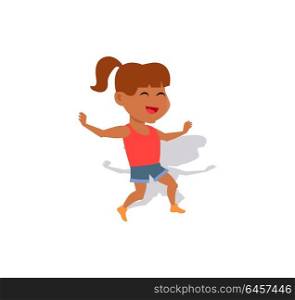 Cheerful Child Character Vector in Flat Design.. Cheerful child character vector. Flat style design. Smiling cute girl in t-shirt and shorts jumping. Physical exercise, child activity, dances illustrating. Isolated on white background.
