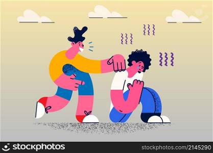 Cheerful child help sad unhappy crying friend falling down feel distressed. Happy kid support comfort upset depressed mate or pal show friendship and unity. Flat vector illustration. . Happy kid support comfort unhappy friend crying
