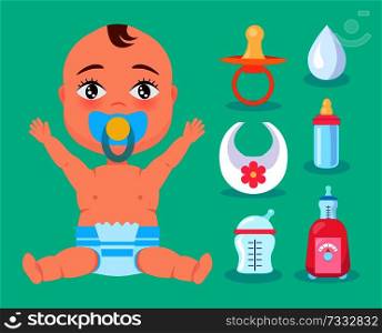 Cheerful child with blue nipple in mouth isolated on bright green background, vector illustration with three bottles, cute bib, kid in blue diaper. Cheerful child isolated on bright green background
