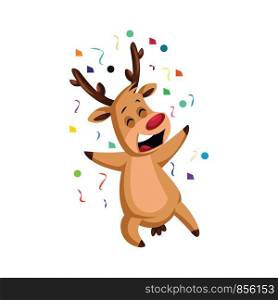 Cheerful christmas deer throwing confetti vector illustration on a white background