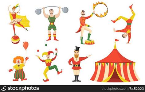Cheerful circus character and performers flat set for web design. Cartoon acrobat, clown, juggler strongman isolated vector illustration collection. Carnival and circus arena concept