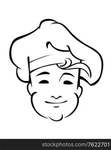 Cheerful country chef with a floppy toque and friendly smile, black and white line sketch of his face