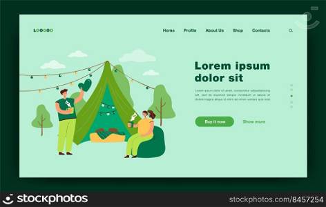 Cheerful couple camping together on nature isolated flat vector illustration. Cartoon man and woman drinking tea and glamping. Picnic holiday with accommodation and romantic trip concept