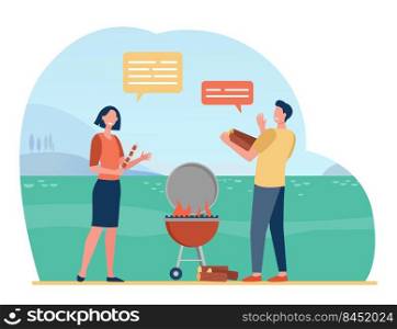 Cheerful couple cooking barbeque on nature and talking. BBQ, meal, picnic flat vector illustration. Summer activity and communication concept for banner, website design or landing web page
