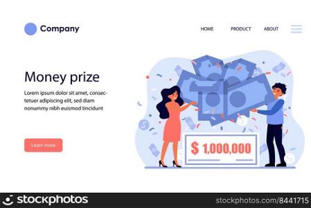 Cheerful couple winning money prize. Lottery, grant, profit flat vector illustration. Celebration, wealth, financial success concept for banner, website design or landing web page
