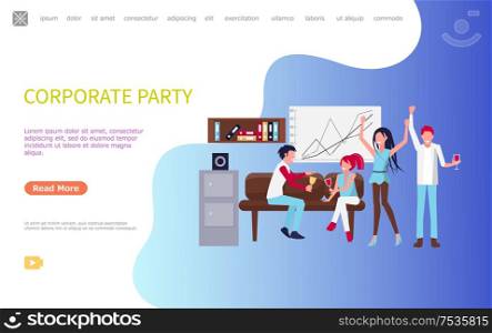 Cheerful coworkers celebrating success in office sitting on sofa near board and shelf, drinking wine. Men and women corporate party after workday vector. Men and Women Corporate Party After Workday Vector