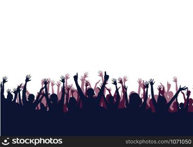 Cheerful crowd cheering. Hands up on white background. Silhouette vector