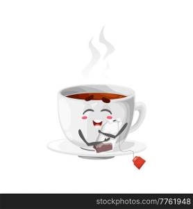 Cheerful cup character with tea bag. Cartoon cute vector mug, isolated kawaii teacup happiness and rejoice emoji. Friendly personage hugging teabag, hot drink comic character, breakfast beverage. Cheerful cup character with tea bag, cute mug