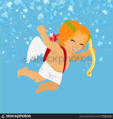 Cheerful Cupid holding bow, Valentines Day. Little boy Amour with wings isolated on blue vector cartoon. Festive romantic postcard with angle and hearts. Cheerful Cupid Holding Bow, Valentines Day Vector