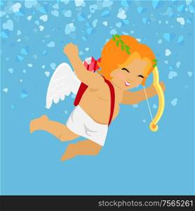 Cheerful Cupid holding bow, Valentines Day. Little boy Amour with wings isolated on blue vector cartoon. Festive romantic postcard with angle and hearts. Cheerful Cupid Holding Bow, Valentines Day Vector