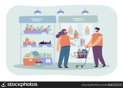Cheerful customers shopping in supermarket with cart isolated flat vector illustration. Cartoon consumers choosing products, fruits and vegetables in grocery store. Retail and market concept