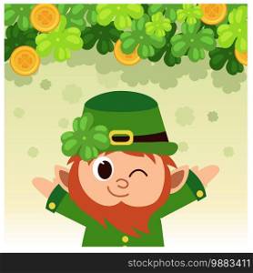 cheerful Cute leprechaun hands up poster. Vector illustration. Banner.St Patrick s Day.