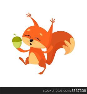 Cheerful cute squirrel holding nut and dancing. Cartoon character, animal, food. Can be used for topics like forest, wildlife, fun, joy