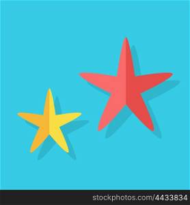 Cheerful Cute Starfishe. Two multi-colored cheerful cute starfishes on a blue background. Red and yellow cartoon starfishes in flat style. Vector illustration