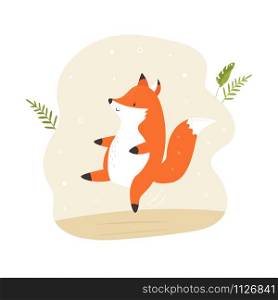 Cheerful dancing cute fox. Vector illustration. Animal character design. Baby print isolated on white background. A cheerful dancing cute fox. Vector illustration.