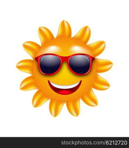 Cheerful Face of Summer Sun with Sunglasses. Illustration Cheerful Face of Summer Sun with Sunglasses. Isolated on White Background - Vector