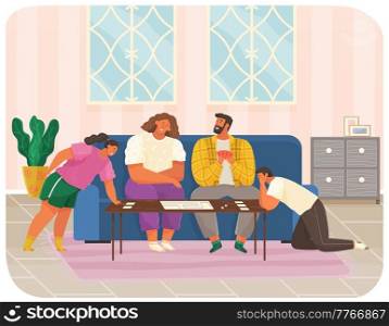 Cheerful family plays cards. Joyful parents and children sit together at home at couch, talk and rest. Home activities and entertainment. Young people with board game spend time in living room. Cheerful family plays cards. Joyful parents and children sit together at couch in living room