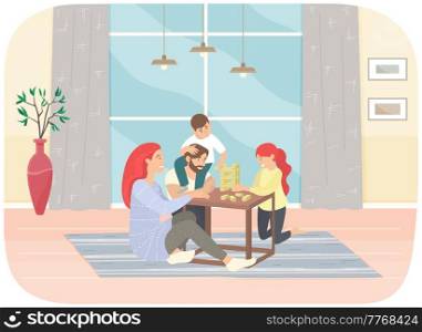 Cheerful family plays jenga in apartment. Joyful parents and children sit together at home communicate and rest. Home activities and entertainment. People with board games spend time in living room. Cheerful family plays jenga in apartment. Joyful parents and children together at home communicate