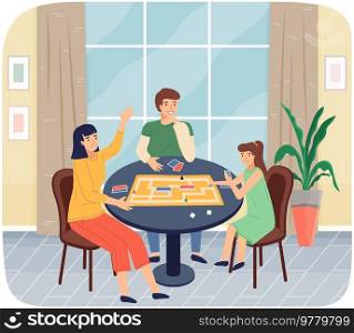 Cheerful family plays table game in apartment. Joyful mom and children sit together at home communicate and rest. Home activities and entertainment. People with board game spend time in living room. Cheerful family plays table game in apartment. Joyful mom and children sit together, rest at home