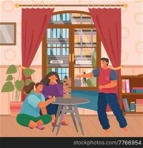 Cheerful family plays tower game in apartment. Joyful man and women sit together at home communicate and rest. Home activities and entertainment. People with board games spend time in living room. Cheerful family plays tower game. People with board games spend time and communicate in living room
