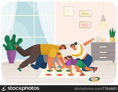 Cheerful family plays twister in apartment. Joyful parents and children play together at home, talk and rest. Home activities and entertainment. People with game on floor spend time in room. Cheerful family plays twister. People with game on floor spend time in room for trainings