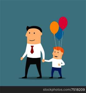 Cheerful father and son with bundle of balloons walking holding hands. Father day concept or weekend leisure activity theme design. Cartoon style. Father and son with balloons walking holding hands