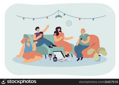 Cheerful female cartoon friends gathering at home. Young girlfriends having party together flat vector illustration. Celebration, friendship concept for banner, website design or landing web page