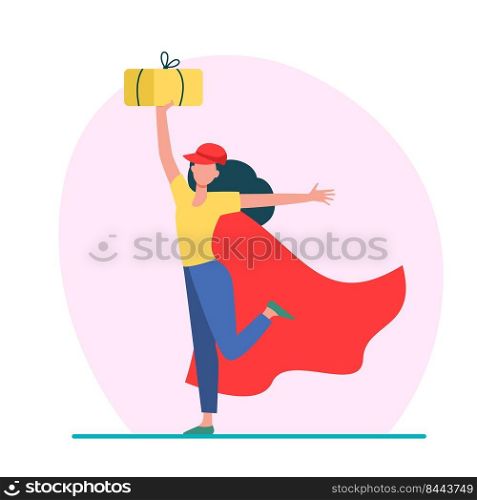 Cheerful female courier in superhero cape. Woman in baseball cap holding parcel flat vector illustration. Delivery, logistic service concept for banner, website design or landing web page