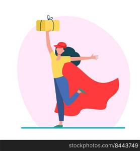 Cheerful female courier in superhero cape. Woman in baseball cap holding parcel flat vector illustration. Delivery, logistic service concept for banner, website design or landing web page