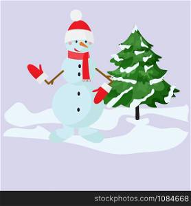 Cheerful festive snowman next to the Christmas tree, picture for children, greeting card, vector illustration