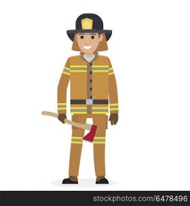 Cheerful Firefighter in Protective Suit with Ax. Cheerful firefighter in protective suit and black hat holding ax with red head close-up vector illustration on white background