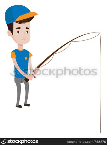 Cheerful fisherman fishing fishing rod. Young caucasian fisherman relaxing during fishing. Fisherman standing with fishing rod in hands. Vector flat design illustration isolated on white background.. Young man fishing with fish-rod.