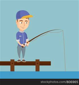 Cheerful fisherman fishing on lake. Young caucasian man relaxing during fishing on jetty. Angler standing on the jetty with a fishing-rod in hands. Vector flat design illustration. Square layout.. Man fishing on jetty vector illustration.