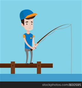 Cheerful fisherman fishing on the lake. Young caucasian man relaxing during fishing on jetty. Smiling angler standing on jetty with fishing-rod in hands. Vector flat design illustration. Square layout. Man fishing on jetty vector illustration.