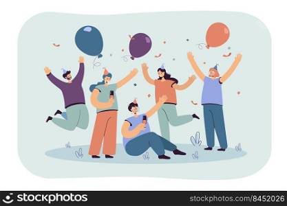 Cheerful friends celebrating at party together isolated flat vector illustration. Cartoon excited characters having fun with balloons and confetti. Celebration and business achievement concept