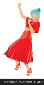 Cheerful girl in midi skirt and crop top of red color, no face.
