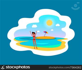 Cheerful girl in red swimsuit near sea and island on horizon under bright sun. Woman wears bikini at sunny beach isolated cartoon vector illustration.. Cheerful Girl in Red Swimsuit near Sea and Island