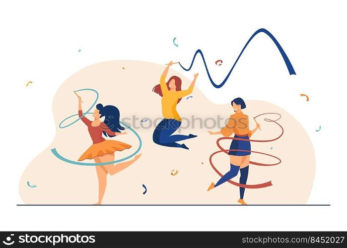 Cheerful girls training with ribbon. Rhythmic gymnastics equipment flat vector illustration. Fitness, exercise, lifestyle concept for banner, website design or landing web page
