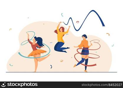 Cheerful girls training with ribbon. Rhythmic gymnastics equipment flat vector illustration. Fitness, exercise, lifestyle concept for banner, website design or landing web page