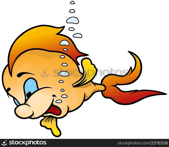 Cheerful Goldfish with Bubbles - Colored Cartoon Illustration Isolated on White Background, Vector