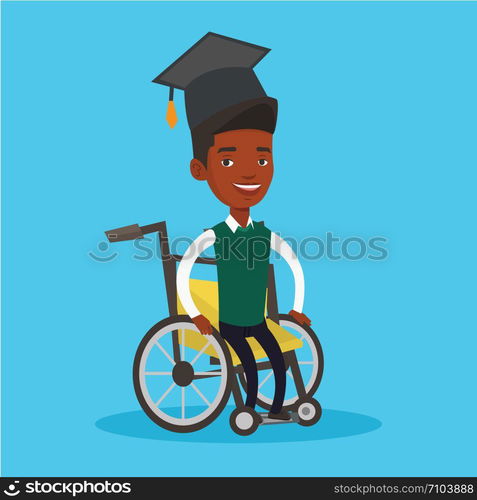 Cheerful graduate sitting in wheelchair. An african-american student sitting in wheelchair. Disabled graduate in graduation cap sitting in wheelchair. Vector flat design illustration. Square layout.. Graduate sitting in wheelchair vector illustration