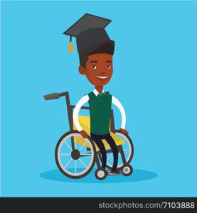 Cheerful graduate sitting in wheelchair. An african-american student sitting in wheelchair. Disabled graduate in graduation cap sitting in wheelchair. Vector flat design illustration. Square layout.. Graduate sitting in wheelchair vector illustration