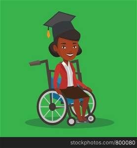 Cheerful graduate sitting in wheelchair. An african-american student sitting in wheelchair. Disabled graduate in graduation cap sitting in wheelchair. Vector flat design illustration. Square layout.. Graduate sitting in wheelchair vector illustration