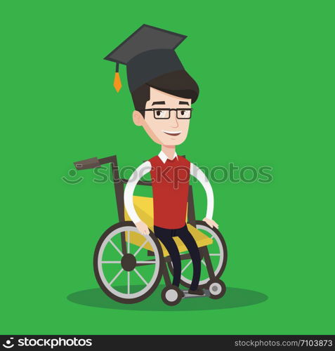 Cheerful graduate sitting in wheelchair. Young caucasian student sitting in wheelchair. Happy disabled graduate in graduation cap sitting in wheelchair. Vector flat design illustration. Square layout.. Graduate sitting in wheelchair vector illustration