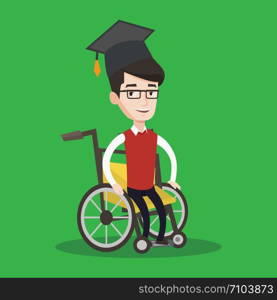 Cheerful graduate sitting in wheelchair. Young caucasian student sitting in wheelchair. Happy disabled graduate in graduation cap sitting in wheelchair. Vector flat design illustration. Square layout.. Graduate sitting in wheelchair vector illustration