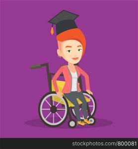 Cheerful graduate sitting in wheelchair. Young caucasian student sitting in wheelchair. Vector flat design illustration. Square layout.. Graduate sitting in wheelchair vector illustration