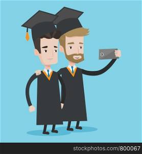 Cheerful graduates in cloaks and graduation caps making selfie. Excited graduates taking photo with cellphone. Concept of education and graduation. Vector flat design illustration. Square layout.. Graduates making selfie vector illustration.