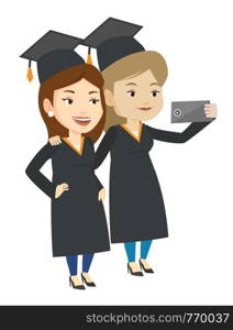 Cheerful graduates in cloaks and graduation caps making selfie. Graduates making selfie with cellphone. Caucasian graduates making selfie. Vector flat design illustration isolated on white background.. Graduates making selfie vector illustration.